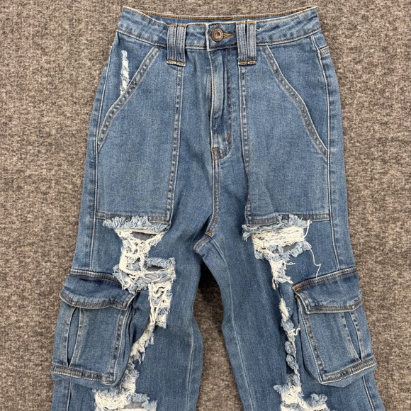 Aphrodite Distressed Cargo Jeans Womens 25 Medium Wash Shredded Straight Leg - Picture 3 of 8